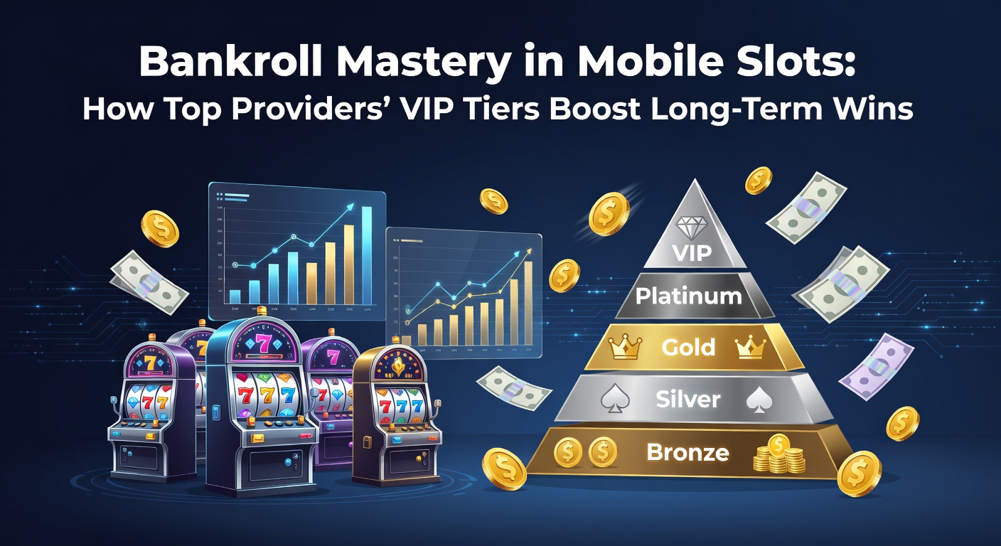 Grafik zeigt ein Smartphone mit Slot-Symbolen und steigenden Bankroll-Kurven, die VIP-Boni hervorheben